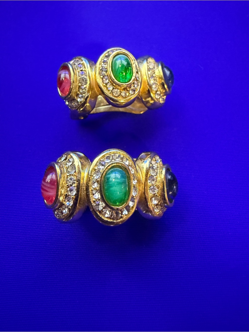 Christian Dior Vintage Gripoix Sapphire Ruby Emerald Crystals Clip on Earrings